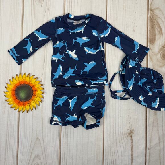 Hanna Andersson Baby Boy Shark Swimsuit Set 3-6 Months - Hat, Rash Guard, Trunks - Picture 1 of 3